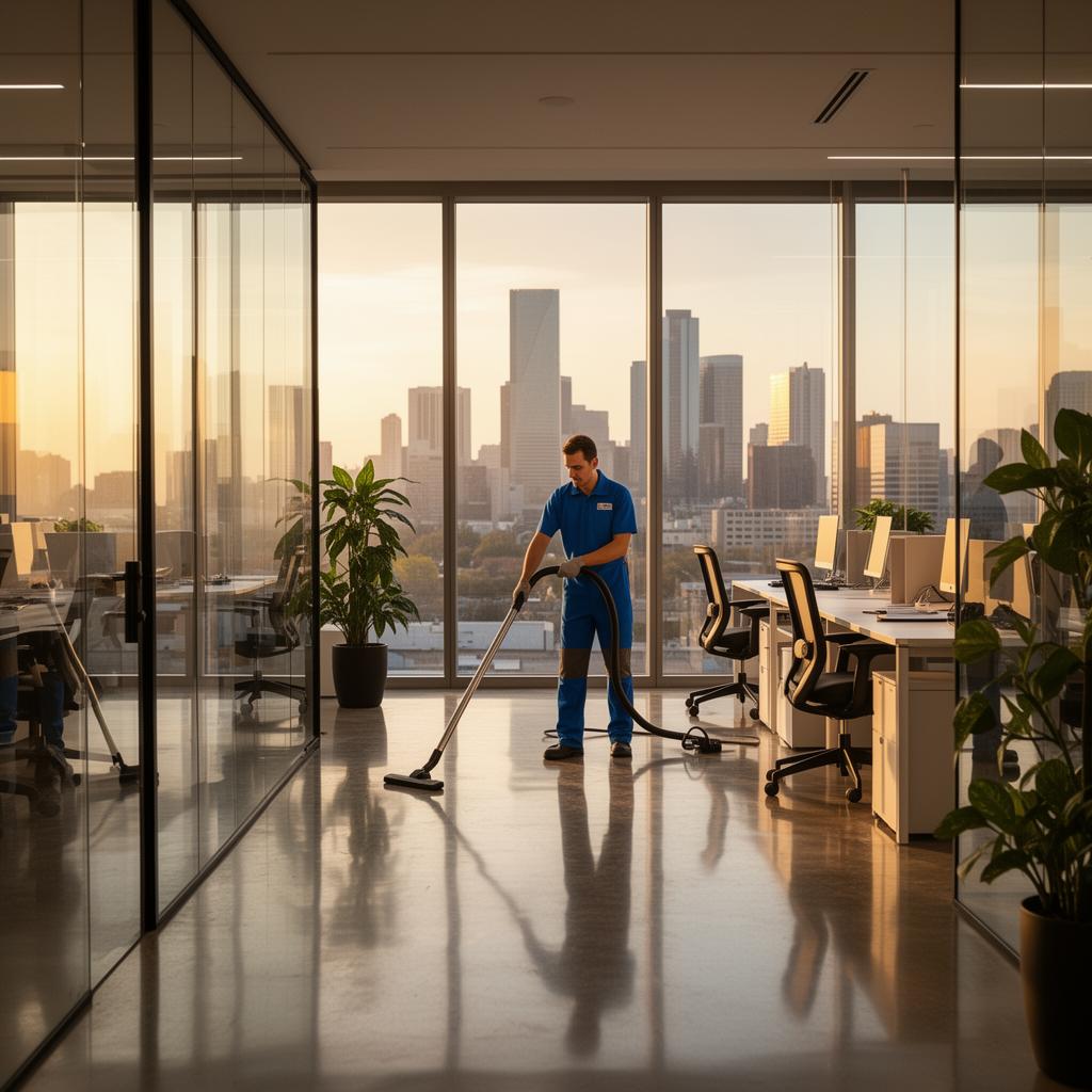 Professional office cleaning team servicing a modern Dallas office with skyline view